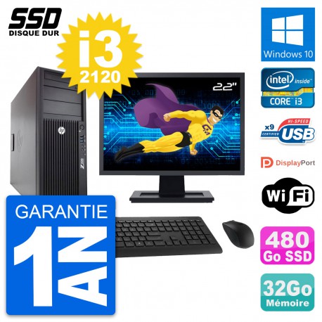 PC Tour HP WorkStation Z220 Ecran 22" i3-3220 RAM 32Go SSD 480Go Windows 10 Wifi