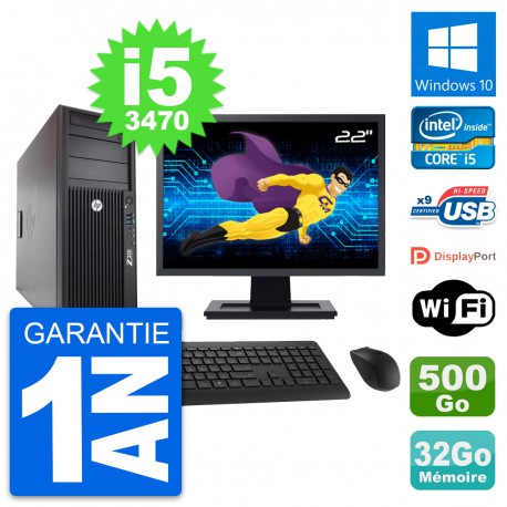 PC Tour HP Z220 Ecran 22" Intel i5-3470 RAM 32Go Disque 500Go Windows 10 Wifi