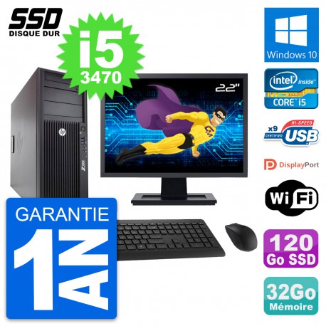 PC Tour HP WorkStation Z220 Ecran 22" i5-3470 RAM 32Go SSD 120Go Windows 10 Wifi