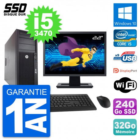 PC Tour HP WorkStation Z220 Ecran 22" i5-3470 RAM 32Go SSD 240Go Windows 10 Wifi