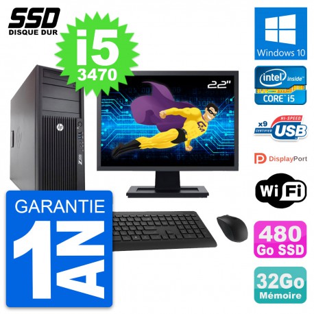 PC Tour HP WorkStation Z220 Ecran 22" i5-3470 RAM 32Go SSD 480Go Windows 10 Wifi