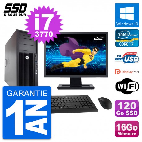 PC Tour HP WorkStation Z220 Ecran 22" i7-3770 RAM 16Go SSD 120Go Windows 10 Wifi