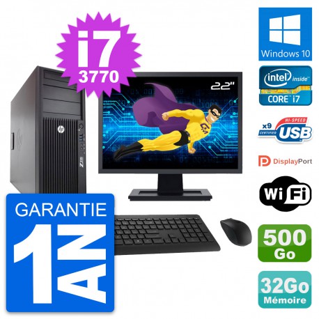 PC Tour HP Z220 Ecran 22" Intel i7-3770 RAM 32Go Disque 500Go Windows 10 Wifi