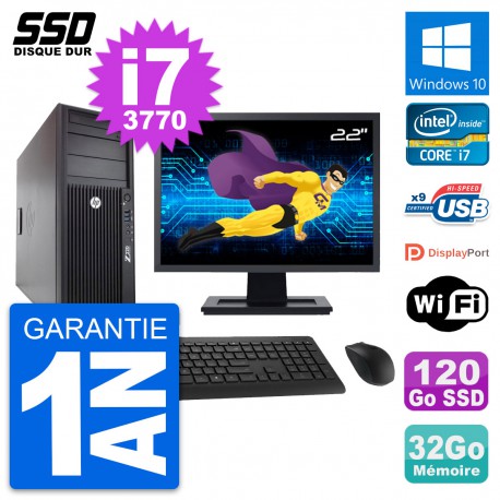 PC Tour HP WorkStation Z220 Ecran 22" i7-3770 RAM 32Go SSD 120Go Windows 10 Wifi