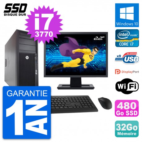 PC Tour HP WorkStation Z220 Ecran 22" i7-3770 RAM 32Go SSD 480Go Windows 10 Wifi