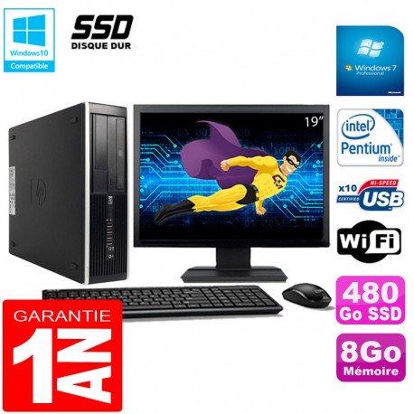 PC HP Compaq Pro 6300 SFF G630 RAM 8Go 480Go SSD Graveur DVD Wifi W7 Ecran 19"