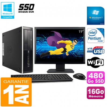 PC HP Compaq Pro 6300 SFF G630 RAM 16Go 480Go SSD Graveur DVD Wifi W7 Ecran 19"