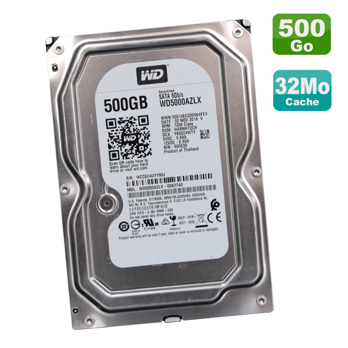 Disque dur interne HDD 500go 3.5'' 7200 pouces, sata 3 6Gb/s