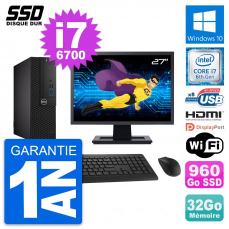 PC Dell 3050 SFF Ecran 27" Intel i7-6700 RAM 32Go SSD 960Go HDMI Windows 10 Wifi
