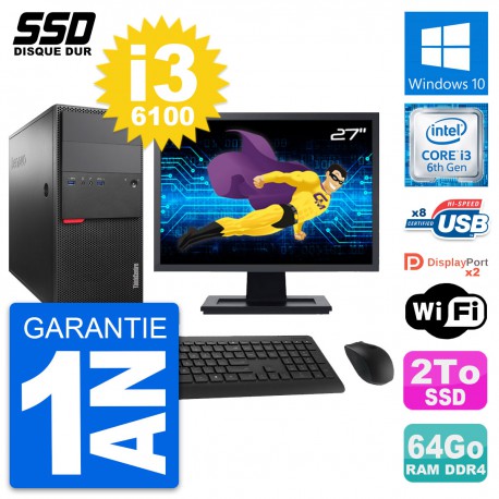 PC Tour Lenovo M800 Ecran 27" Intel i3-6100 RAM 64Go SSD 2To Windows 10 Wifi
