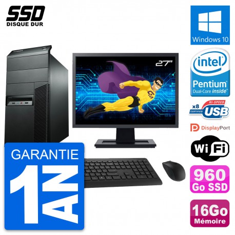 PC Tour Lenovo M92p Ecran 27" Pentium G2020 RAM 16Go SSD 960Go Windows 10 Wifi