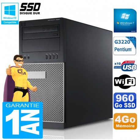 PC Tour DELL 9020 Intel G3220 Ram 4Go Disque 960 Go SSD Graveur DVD Wifi W7