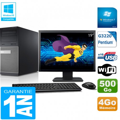 PC Tour DELL 9020 Intel G3220 Ram 4Go Disque 500 Go Wifi W7 Ecran 19"