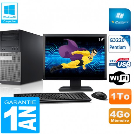 PC Tour DELL 9020 Intel G3220 Ram 4Go Disque 1 To Wifi W7 Ecran 19"