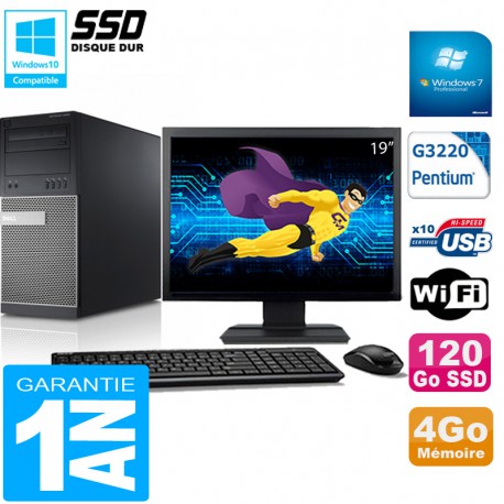 PC Tour DELL 9020 Intel G3220 Ram 4Go Disque 120 Go SSD Wifi W7 Ecran 19"