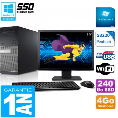 PC Tour DELL 9020 Intel G3220 Ram 4Go Disque 240 Go SSD Wifi W7 Ecran 19"