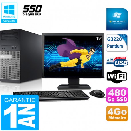 PC Tour DELL 9020 Intel G3220 Ram 4Go Disque 480 Go SSD Wifi W7 Ecran 19"