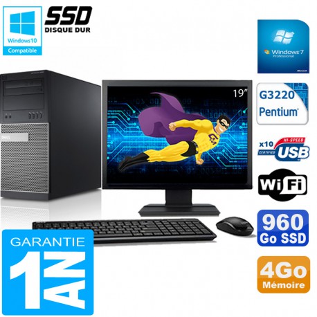 PC Tour DELL 9020 Intel G3220 Ram 4Go Disque 960 Go SSD Wifi W7 Ecran 19"