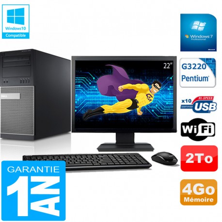 PC Tour DELL 9020 Intel G3220 Ram 4Go Disque 2 To Wifi W7 Ecran 22"