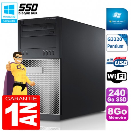 PC Tour DELL 9020 Intel G3220 Ram 8Go Disque 240 Go SSD Graveur DVD Wifi W7