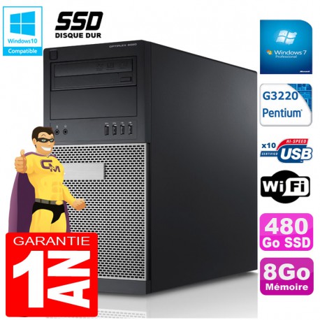 PC Tour DELL 9020 Intel G3220 Ram 8Go Disque 480 Go SSD Graveur DVD Wifi W7