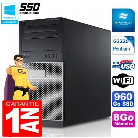 PC Tour DELL 9020 Intel G3220 Ram 8Go Disque 960 Go SSD Graveur DVD Wifi W7