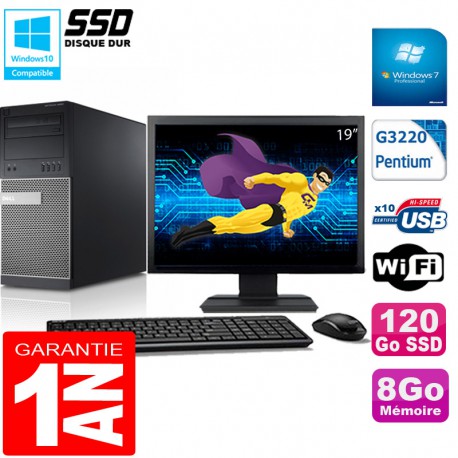 PC Tour DELL 9020 Intel G3220 Ram 8Go Disque 120 Go SSD Wifi W7 Ecran 19"