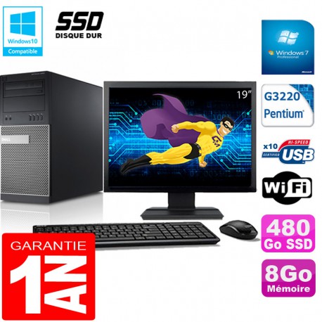 PC Tour DELL 9020 Intel G3220 Ram 8Go Disque 480 Go SSD Wifi W7 Ecran 19"