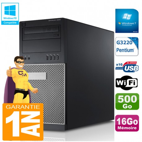 PC Tour DELL 9020 Intel G3220 Ram 16Go Disque 500 Go Graveur DVD Wifi W7