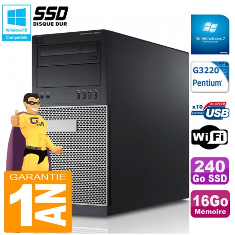 PC Tour DELL 9020 Intel G3220 Ram 16Go Disque 240 Go SSD Graveur DVD Wifi W7