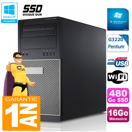 PC Tour DELL 9020 Intel G3220 Ram 16Go Disque 480 Go SSD Graveur DVD Wifi W7