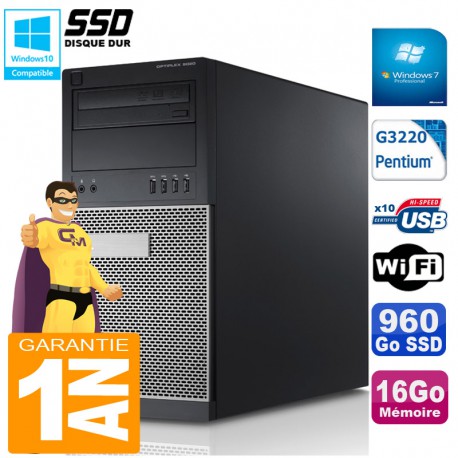 PC Tour DELL 9020 Intel G3220 Ram 16Go Disque 960 Go SSD Graveur DVD Wifi W7