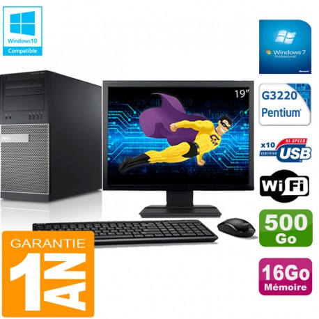 PC Tour DELL 9020 Intel G3220 Ram 16Go Disque 500 Go Wifi W7 Ecran 19"