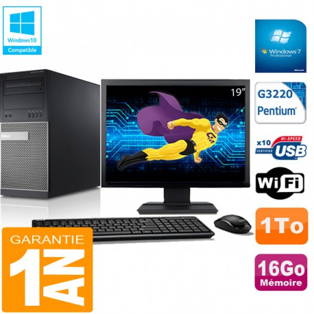 PC Tour DELL 9020 Intel G3220 Ram 16Go Disque 1 To Wifi W7 Ecran 19"