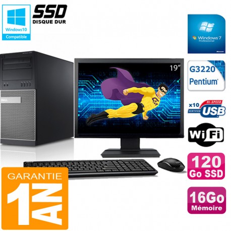 PC Tour DELL 9020 Intel G3220 Ram 16Go Disque 120 Go SSD Wifi W7 Ecran 19"