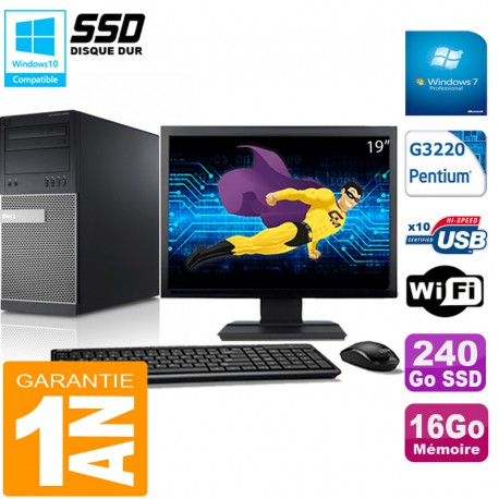 PC Tour DELL 9020 Intel G3220 Ram 16Go Disque 240 Go SSD Wifi W7 Ecran 19"