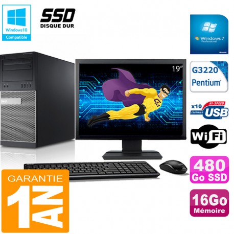 PC Tour DELL 9020 Intel G3220 Ram 16Go Disque 480 Go SSD Wifi W7 Ecran 19"