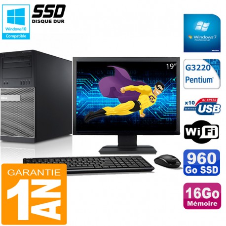 PC Tour DELL 9020 Intel G3220 Ram 16Go Disque 960 Go SSD Wifi W7 Ecran 19"