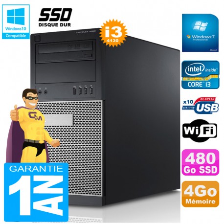 PC Tour DELL 9020 Core I3-4130 Ram 4Go Disque 480 Go SSD Graveur DVD Wifi W7