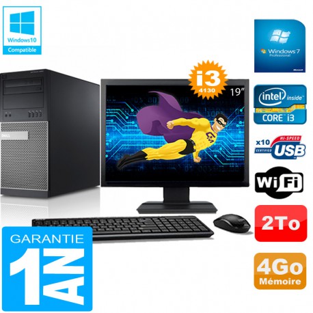 PC Tour DELL 9020 Core I3-4130 Ram 4Go Disque 2 To Wifi W7 Ecran 19"