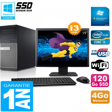 PC Tour DELL 9020 Core I3-4130 Ram 4Go Disque 120 Go SSD Wifi W7 Ecran 19"