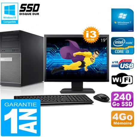 PC Tour DELL 9020 Core I3-4130 Ram 4Go Disque 240 Go SSD Wifi W7 Ecran 19"