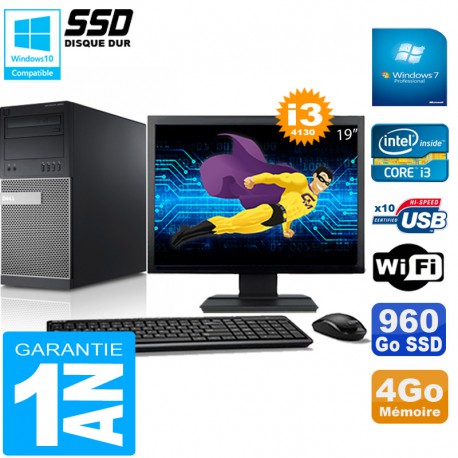 PC Tour DELL 9020 Core I3-4130 Ram 4Go Disque 960 Go SSD Wifi W7 Ecran 19"