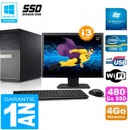 PC Tour DELL 9020 Core I3-4130 Ram 4Go Disque 480 Go SSD Wifi W7 Ecran 22"