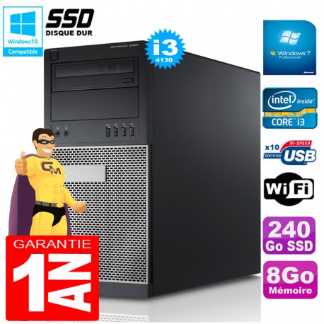 PC Tour DELL 9020 Core I3-4130 Ram 8Go Disque 240 Go SSD Graveur DVD Wifi W7