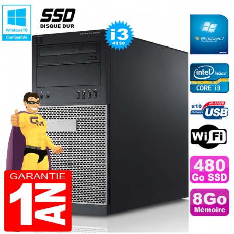 PC Tour DELL 9020 Core I3-4130 Ram 8Go Disque 480 Go SSD Graveur DVD Wifi W7