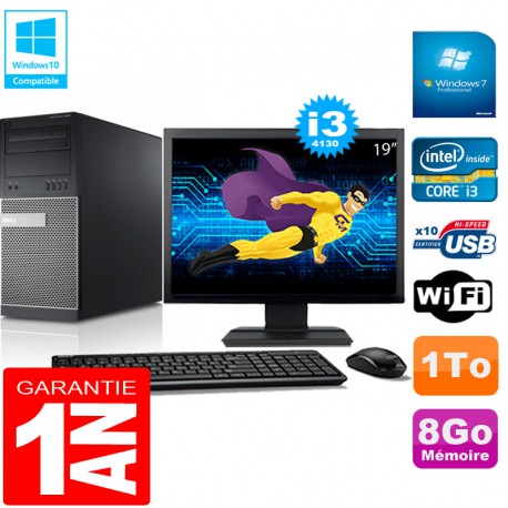 PC Tour DELL 9020 Core I3-4130 Ram 8Go Disque 1 To Wifi W7 Ecran 19"