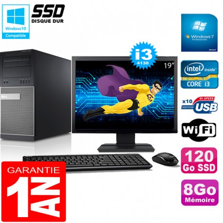 PC Tour DELL 9020 Core I3-4130 Ram 8Go Disque 120 Go SSD Wifi W7 Ecran 19"