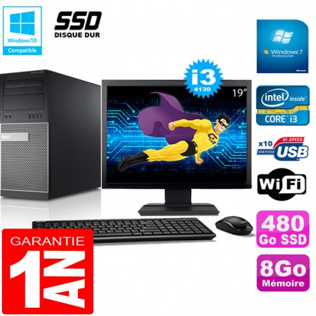 PC Tour DELL 9020 Core I3-4130 Ram 8Go Disque 480 Go SSD Wifi W7 Ecran 19"