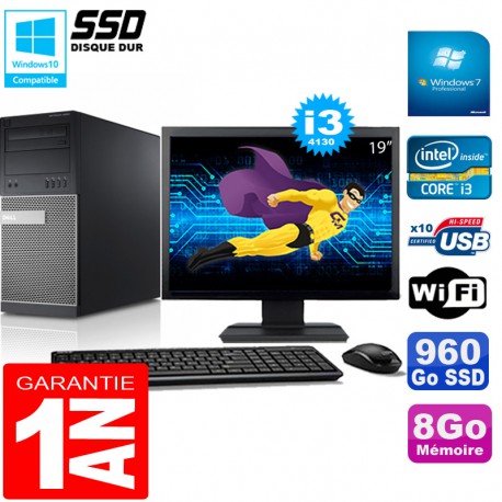 PC Tour DELL 9020 Core I3-4130 Ram 8Go Disque 960 Go SSD Wifi W7 Ecran 19"